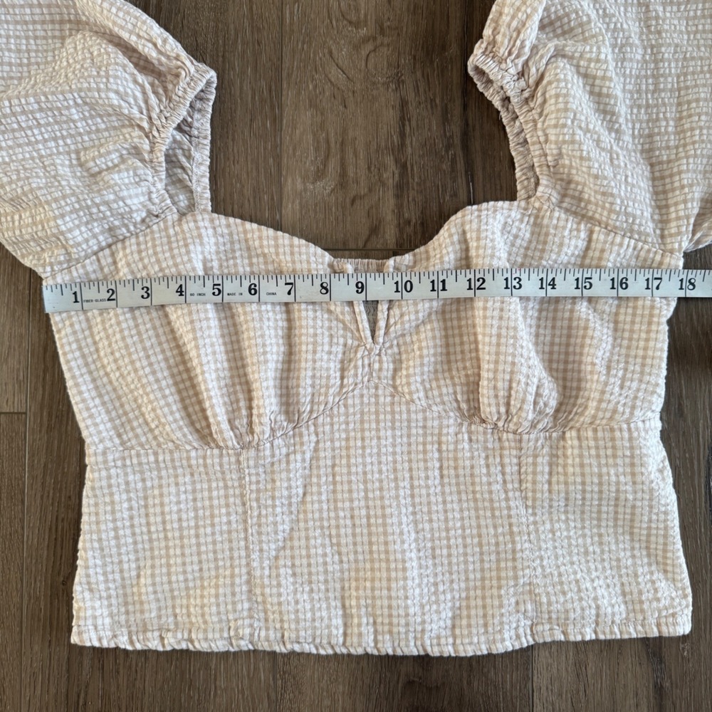 Abercrombie & Fitch Gingham Puff Sleeve Crop Top Tan White Seersucker L - Picture 6 of 7